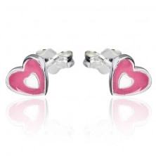 Earrings made of 925 silver - pink and white heart, studs