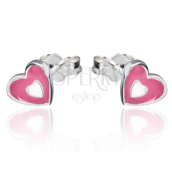 Earrings made of 925 silver - pink and white heart, studs