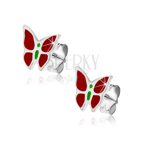 Silver stud earrings - red and green butterfly