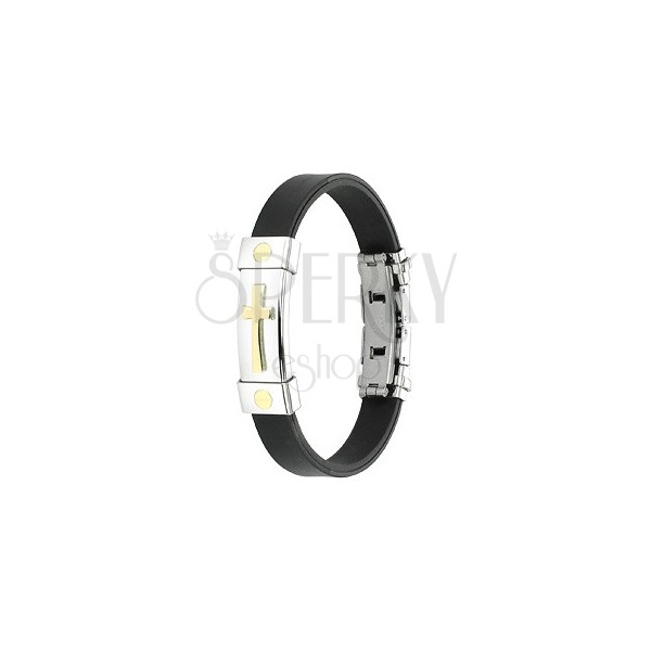 Black rubber bracelet with cross on steel plate