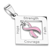 Pendant made of surgical steel - square with pink ribbon