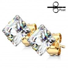 Steel earrings of gold colour with clear square-shaped zircon
