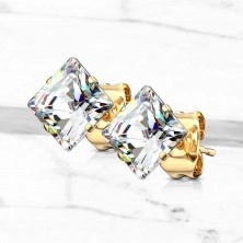 Steel earrings of gold colour with clear square-shaped zircon
