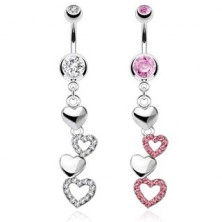 Navel steel piercing - hearts with zircons