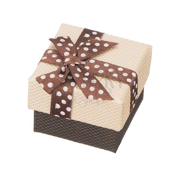 Ring box - brown dotted ribbon, beige surface