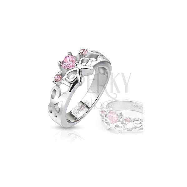 Ring made of surgical steel - cut-out bows, pink zircons