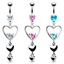 Belly ring with two zircons and dangle hearts