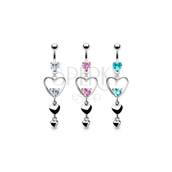 Belly ring with two zircons and dangle hearts