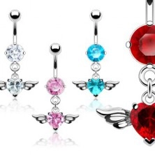 Belly ring with big heart-shaped zircon and bird wings