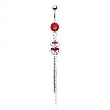 Belly piercing made of 316L steel - two hearts, zircons and chain