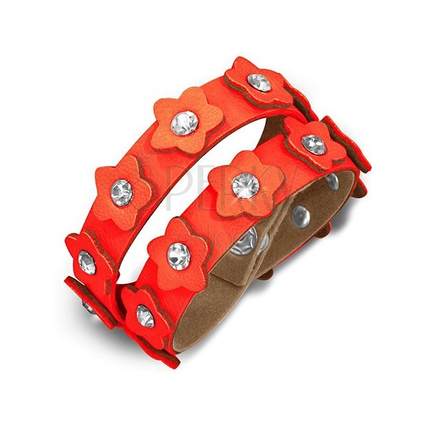 Orange leather bracelet - strap with flowers and zircons