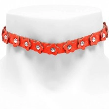 Orange leather bracelet - strap with flowers and zircons