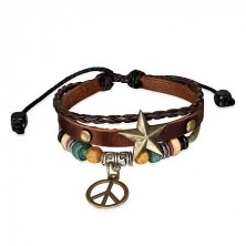 Multiple bracelet - strip with star, plait, string and peace symbol