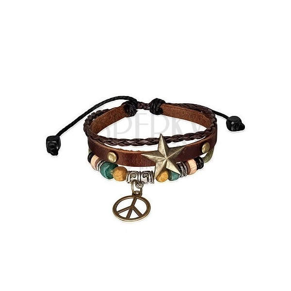 Multiple bracelet - strip with star, plait, string and peace symbol