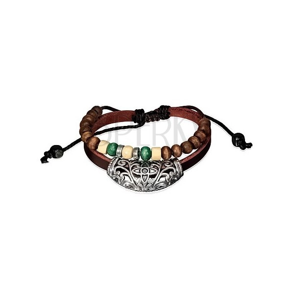 Leather bracelet - decoration on strip, black string with beads