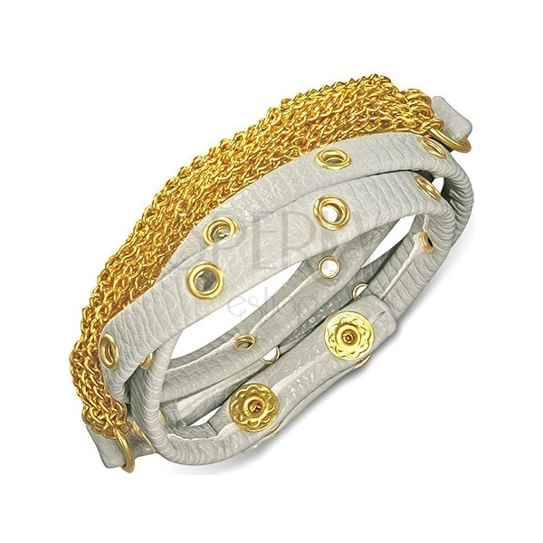 Leather bracelet - grey belt with golden studding and chainlets