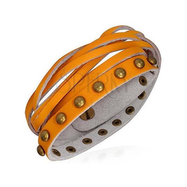 Leather bracelet - orange stripes, golden round studs and plait