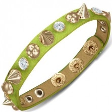 Leather bracelet - green stripe with round and prong studs and zircons