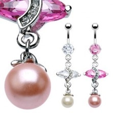 Luxurious belly ring with big oval zircon and pearl