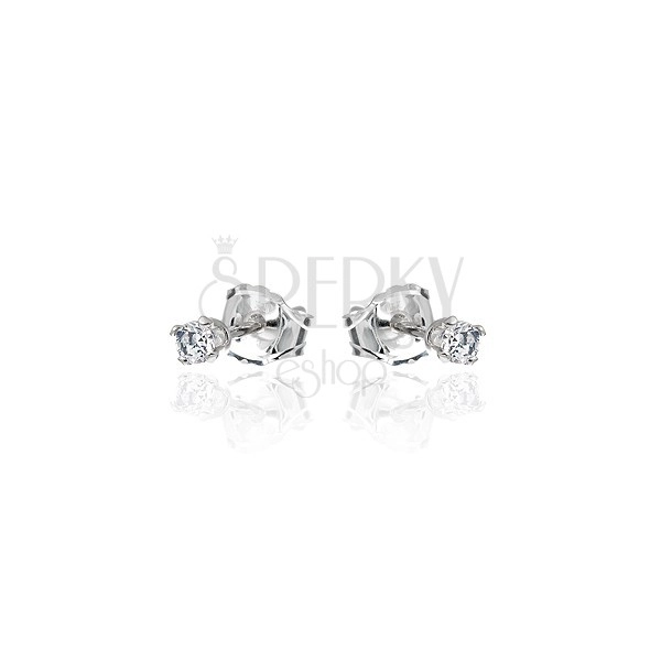 Silver studs with clear round zircon, 2 mm