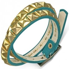 Artificial leather double bracelet - blue belt with gold pyramids