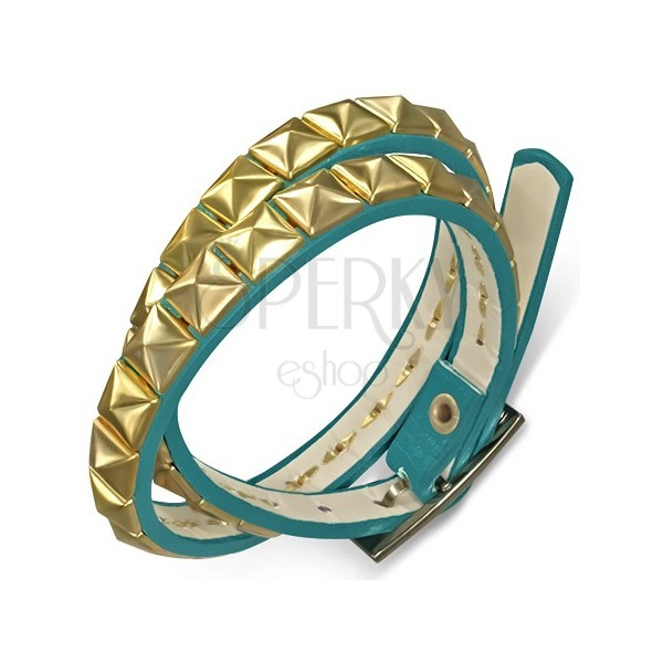 Artificial leather double bracelet - blue belt with gold pyramids