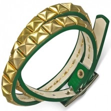 Artificial leather bracelet - green belt, golden pyramids