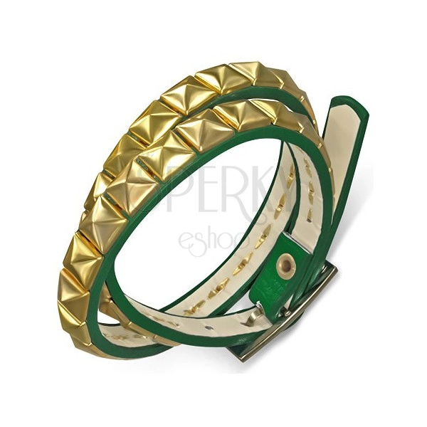 Artificial leather bracelet - green belt, golden pyramids
