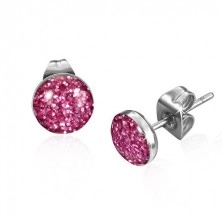 Steel earrings - studs with pink glitters