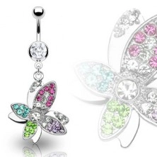 Luxurious steel belly ring with colorful zirconic flower