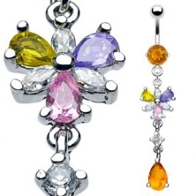 Luxurious belly ring with 6 floral petals and honey-coloured dangle zircon