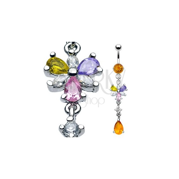 Luxurious belly ring with 6 floral petals and honey-coloured dangle zircon