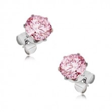 Earrings made of steel - studs with round pink zircon