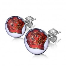 Earrings made of steel - picture of red rose on white background