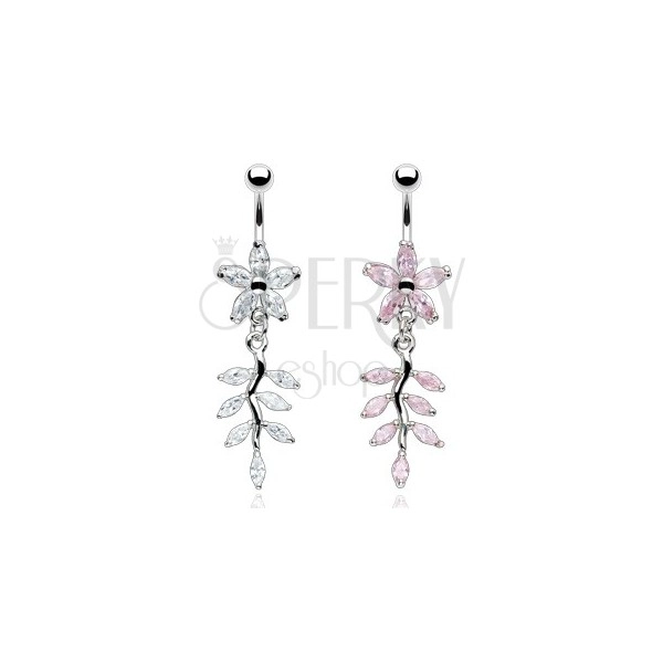 Luxurious flower belly ring with stalk and leaves