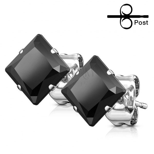 Earrings made of surgical steel - square-shaped black zircon