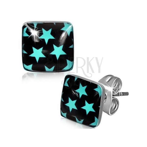 Steel earrings - blue stars inside a black square