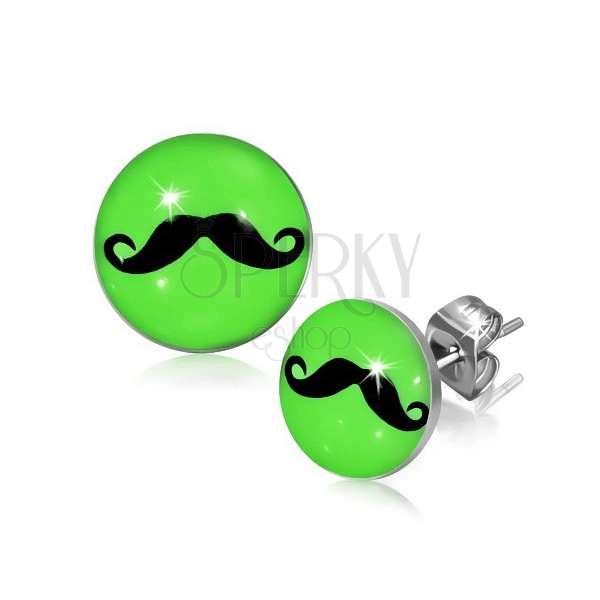 Neon green round earrings made of steel, with moustache