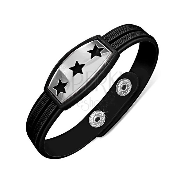 Black bracelet made of rubber, plate with stars, Greek key