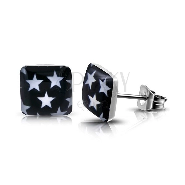 Steel stud earrings - square with white stars