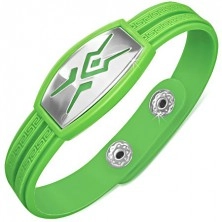 Rubber green bracelet, tribal pattern on plate, Greek key