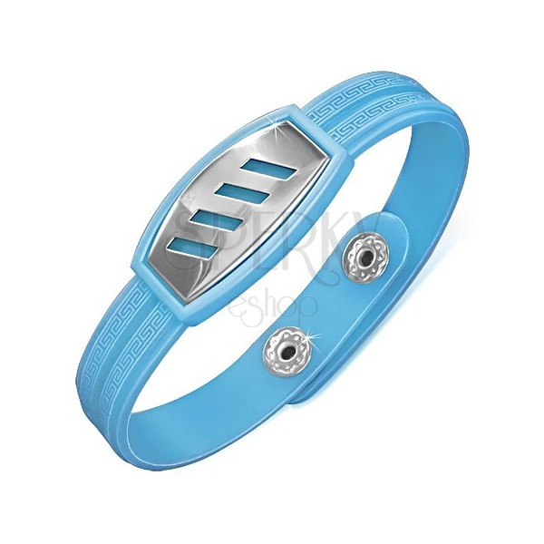 Light-blue rubber bracelet - streaks on a tag and Greek key