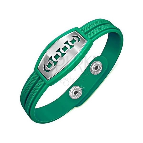 Dark-green bracelet made of rubber, plate with engraved circles