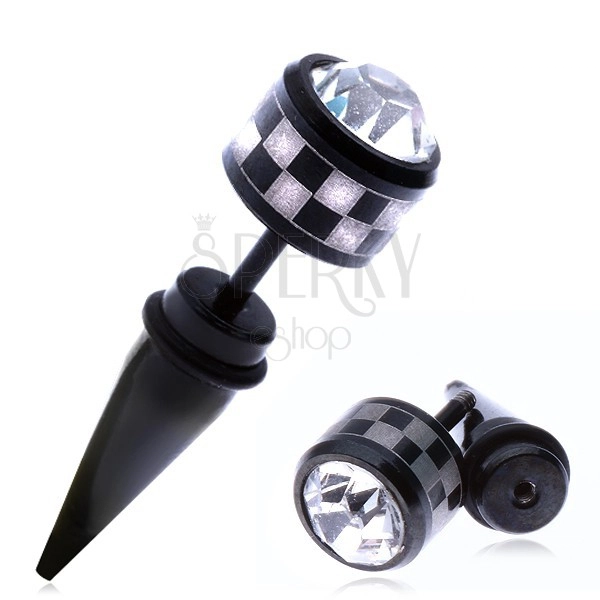 Steel fake ear taper - chessboard and round zircon