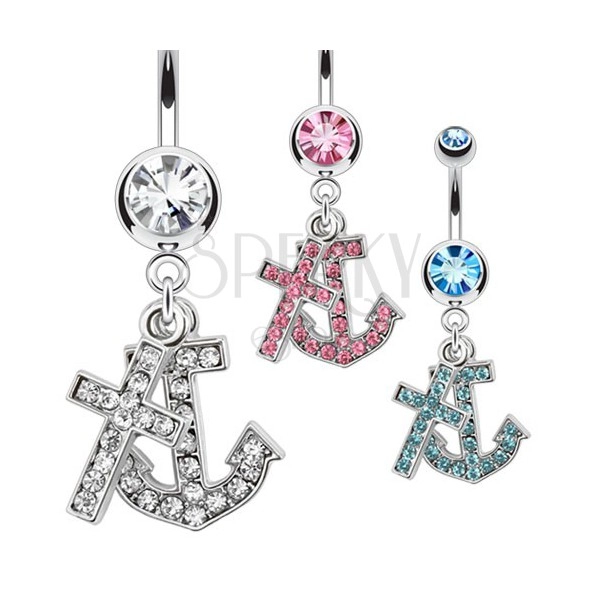 Steel bellybutton piercing with an anchor and a cross pendant, zircons