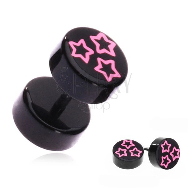 Fake ear piercing with pink stars on black background