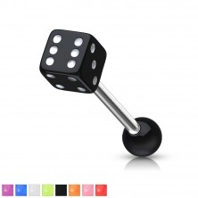 Tongue piercing made of steel - dice with dots of white colour