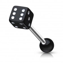 Tongue piercing made of steel - dice with dots of white colour