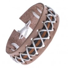 Leather bracelet - beige, three stripes and white, crossed laces