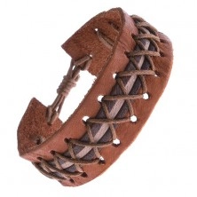 Leather bracelet - caramel brown, decorative stripe, crossed laces